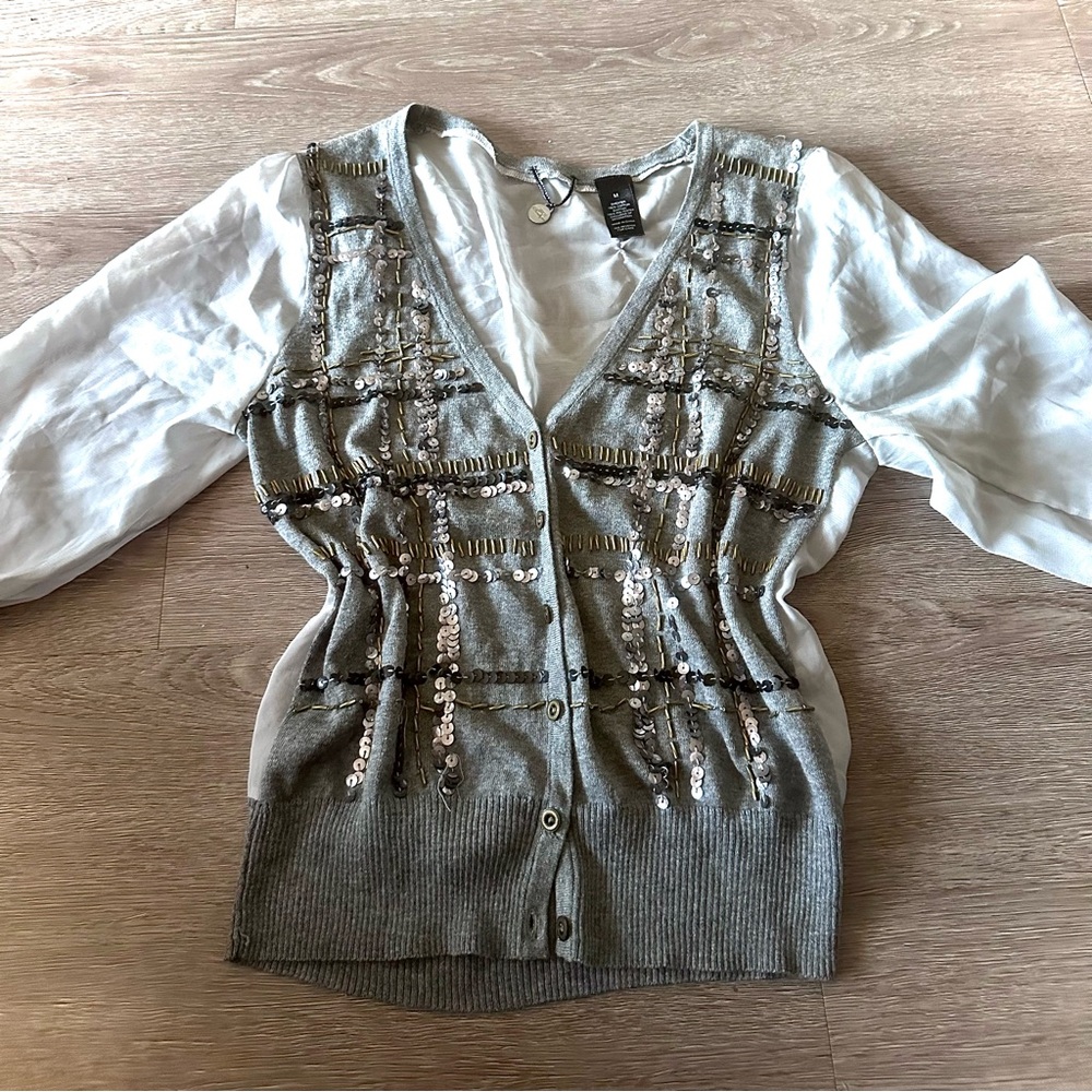 BKE Boutique Sequin Embellished Chiffon Sleeve Sweater Top Size M